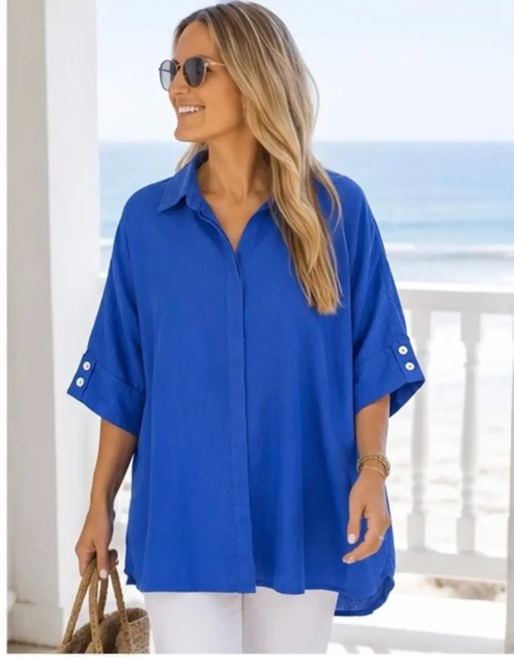 LJC Designs 100% Linen Royal Blue Oversized Button Front Tunic Shirt One Size